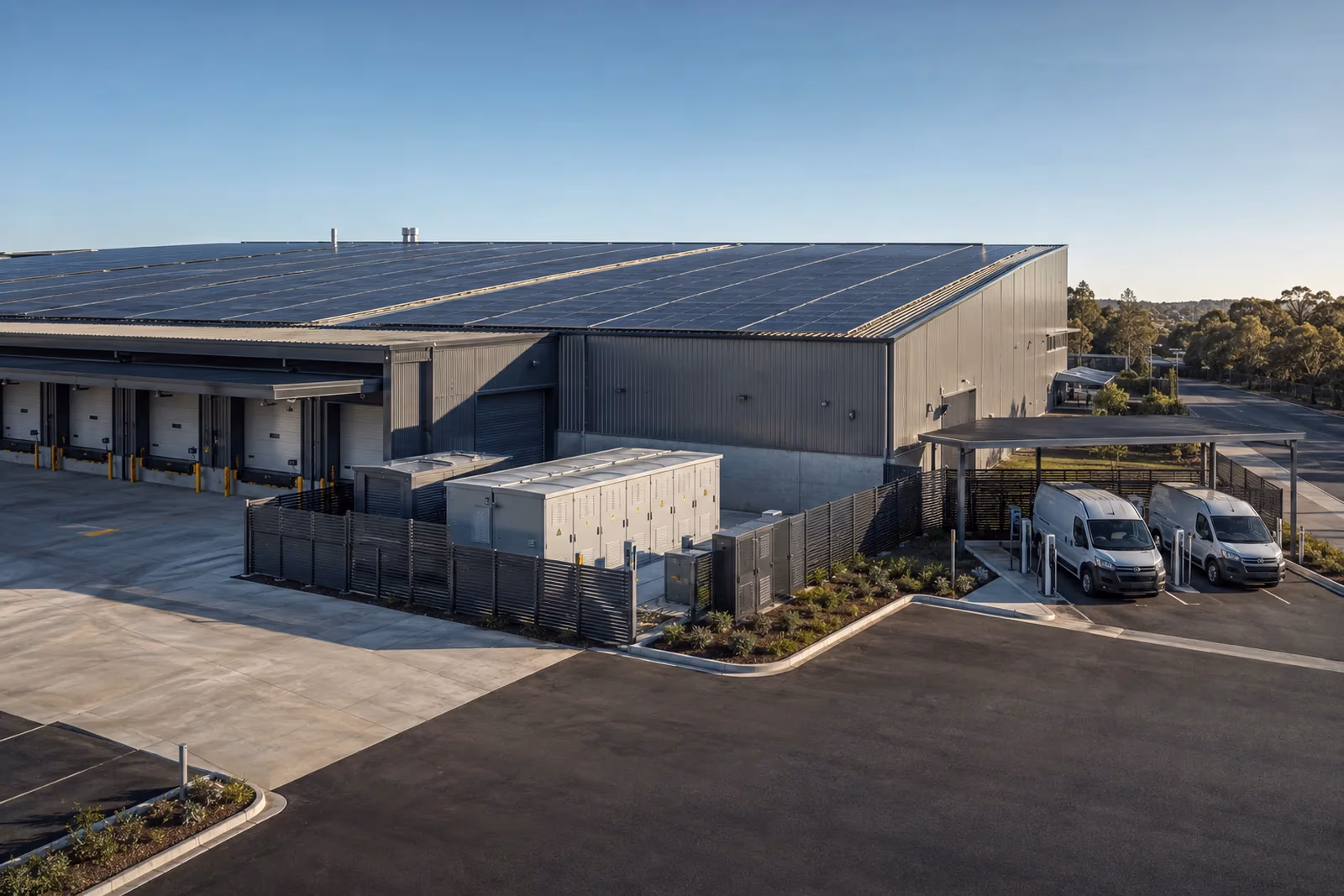 Architectural concept of a commercial energy site with solar and charging infrastructure