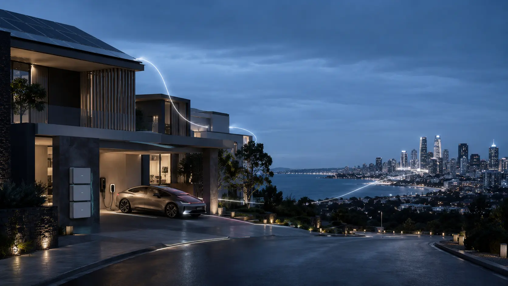 Nexen architectural concept: a solar home overlooking the city at blue hour